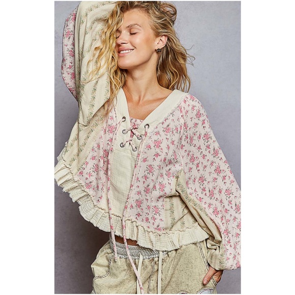 POL floral Print Cotton lace up Balloon Sleeve Blouse - Picture 1 of 7